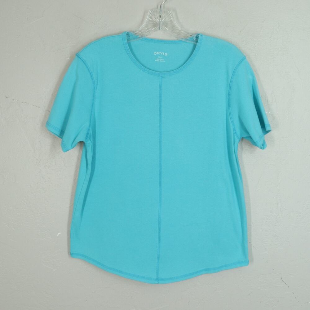 Orvis Linen Blend Top S Blue Cotton Short Sleeve Pullover Round Neck Center Seam